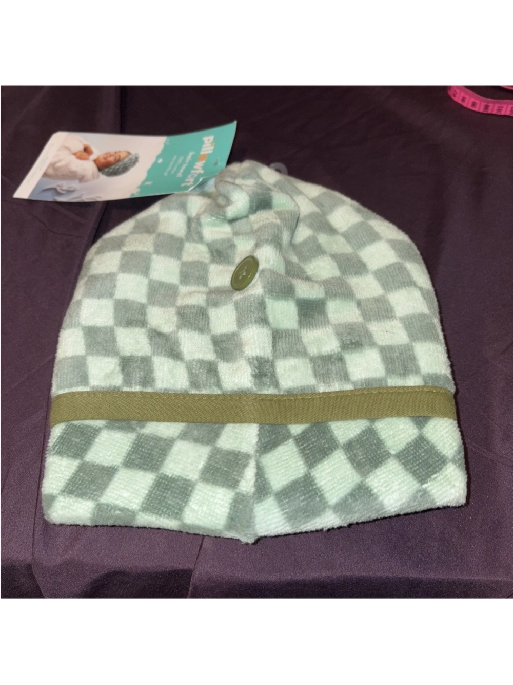 Pillowfort Mint and Gray Check Fleece Kids Beanie